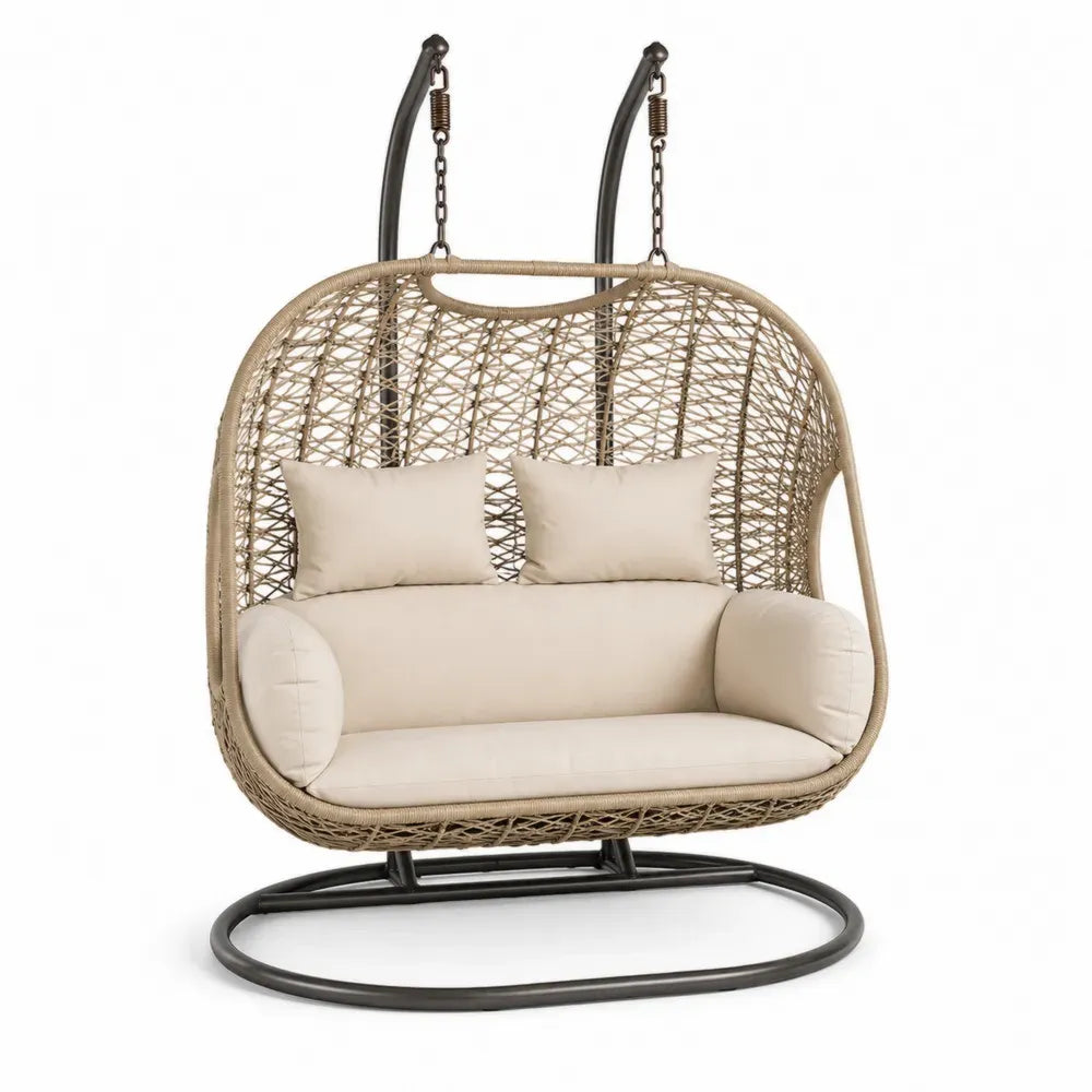 2-Sitzer Hängesessel mit Gestell 170 x 125 x 195 cm aus PE-Rattan und pulverbeschichtetem Stahl oval Beige Creme Dunkelgrau