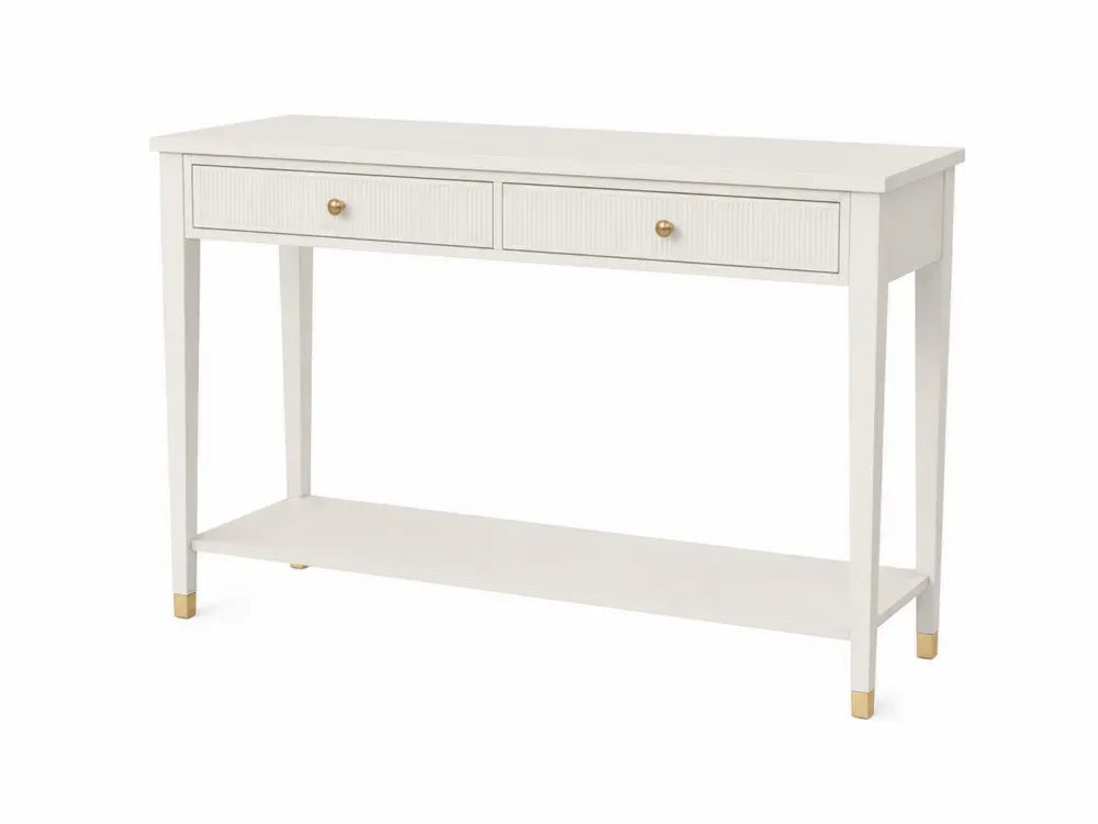 Konsolentisch 120 x 35 x 80 cm MDF massives Gummibaumholz rechteckig Weiß Goldfarben mit 2 Schubladen und Ablageboden