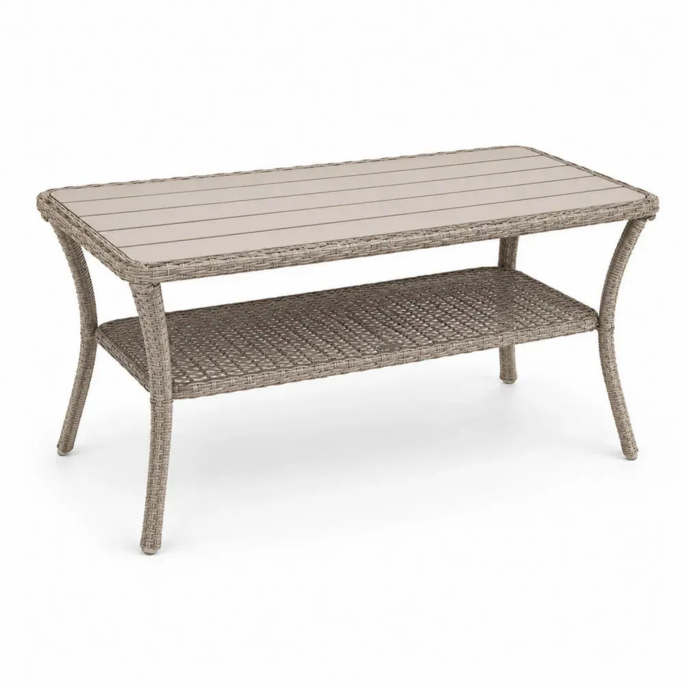 Gartentisch mit Ablage rechteckig 110 x 60 x 45 cm aus PE-Rattan Polystyrol-Lamellen und pulverbeschichtetem Stahl Taupe Beige