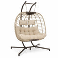 Hängesessel 2-Sitzer mit Gestell und Kissen 138 x 118 x 198 cm aus PE-Rattan und pulverbeschichtetem Stahl oval Naturbeige Creme Dunkelbraun