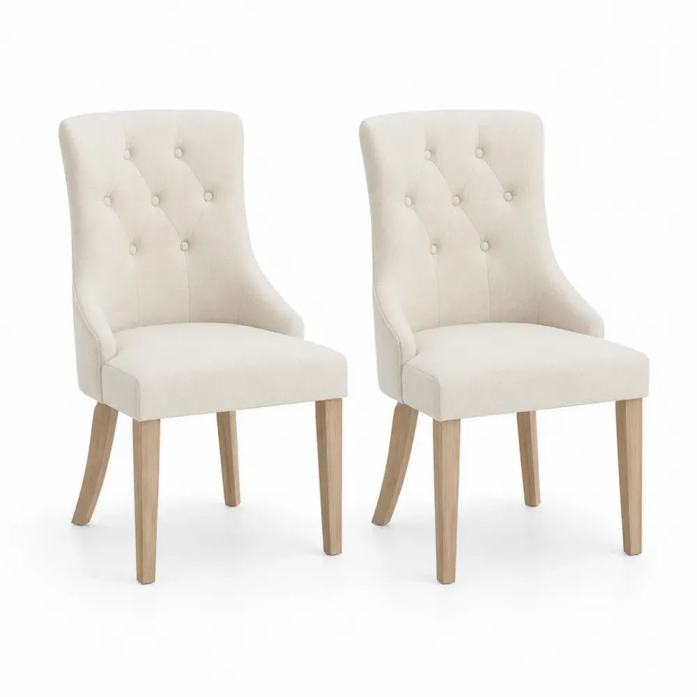 Esszimmerstuhl 2er Set Polsterstuhl ohne Armlehnen 52 x 62 x 96 cm Polyestergewebe Polyurethan-Schaum massives Gummibaumholz Beige Natur mit Knopfheftung