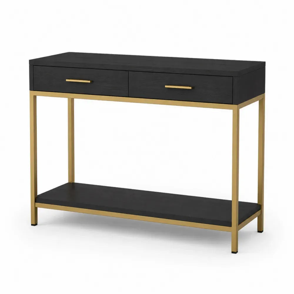 Konsolentisch mit 2 Schubladen und Ablageboden 120 x 35 x 80 cm Spanplatte MDF pulverbeschichteter Stahl rechteckig Schwarz Goldfarben