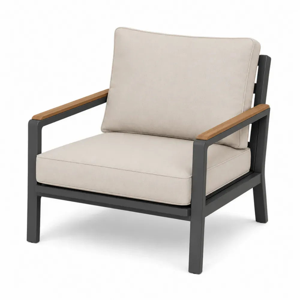 Gartensessel mit Armlehnen 76 x 78 x 82 cm Aluminium Akazienholz Polyesterkissen rechteckig anthrazit beige honigbraun