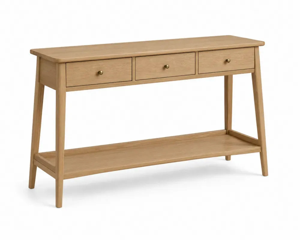Konsolentisch Flurtisch rechteckig mit 3 Schubladen Ablage MDF Eichenfurnier Gummibaum Massivholz Eiche hell Messingfarben 120 x 35 x 80 cm