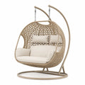 Hängesessel 2-Sitzer mit Gestell und Kissen PE-Rattan pulverbeschichteter Stahl oval Naturbeige Creme Taupe 150 x 130 x 200 cm