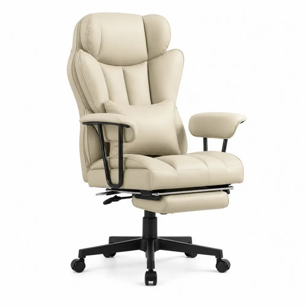 Bürostuhl Computerstuhl Drehstuhl mit Fußstütze und Armlehnen 70 x 70 x 118 bis 128 cm PU Kunstleder Stahl Beige Schwarz Silberfarben