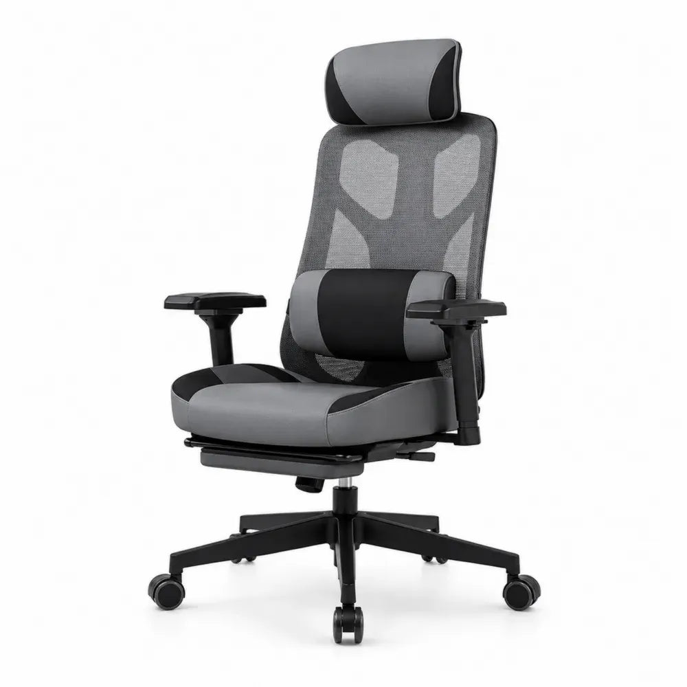 Bürostuhl Drehstuhl mit Kopfstütze Lendenkissen und Fußstütze 66 x 68 x 118-128 cm Polyester-Netzgewebe PU-Kunstleder Stahl Grau Schwarz