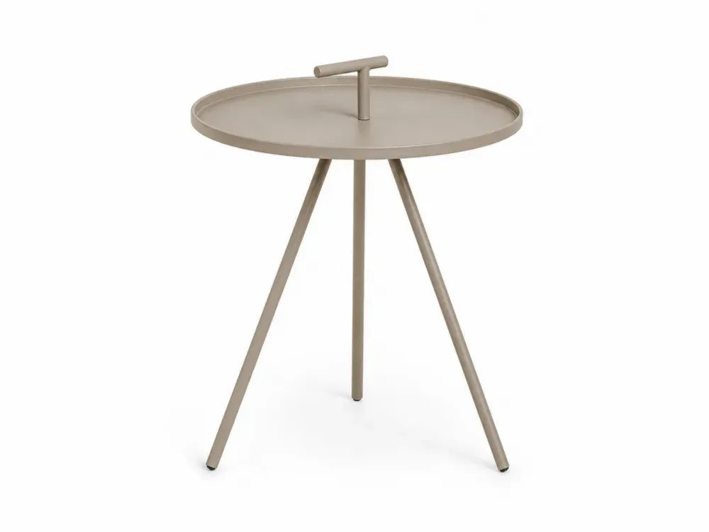 Garten-Beistelltisch rund Ø 50 cm Höhe 60 cm aus pulverbeschichtetem Stahl mit Tablettplatte und Griff Taupe
