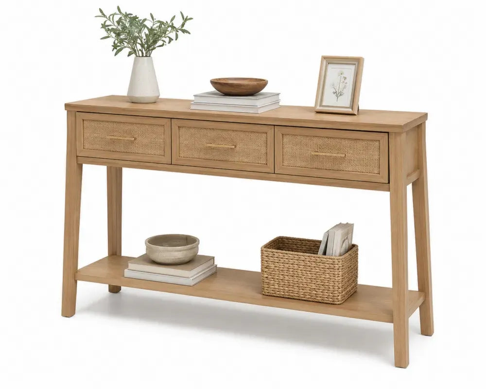 Konsolentisch Flurtisch rechteckig mit 3 Schubladen Rattanfronten Ablage MDF Eichenfurnier Gummibaum Massivholz Eiche hell Naturfarben Messingfarben 120 x 35 x 80 cm